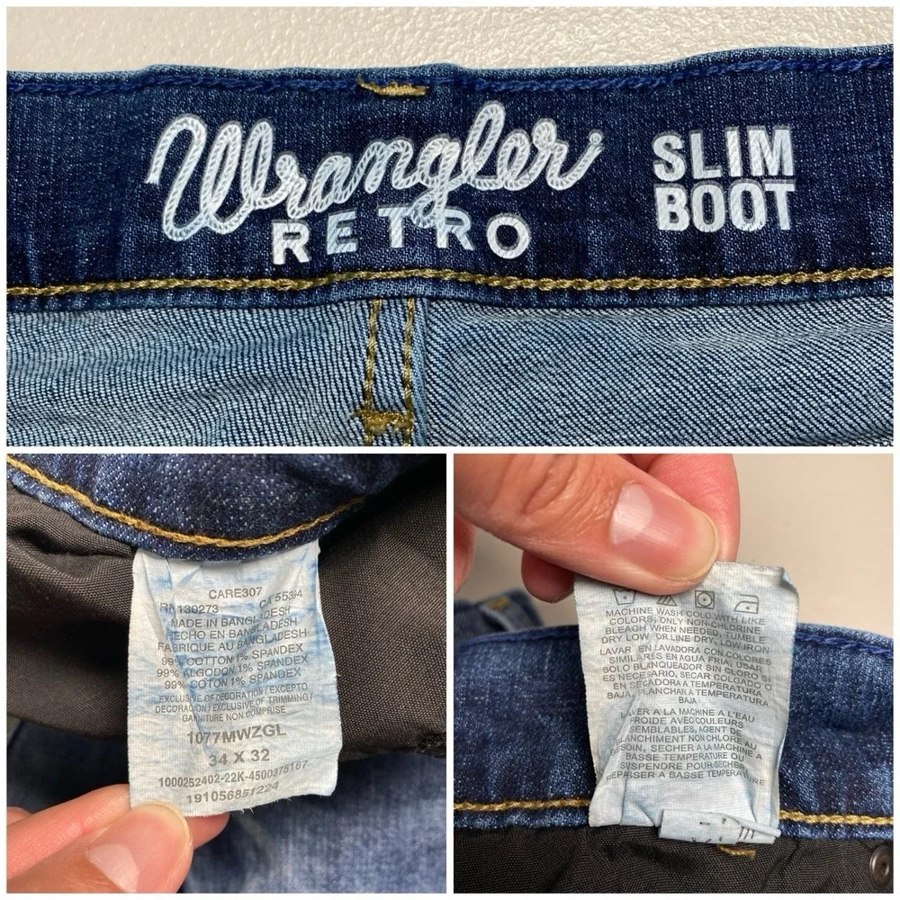 Wrangler Retro Slim Boot 34x32 (35x31.5) Mens Medium Wash Whiskering Western - Picture 6 of 6